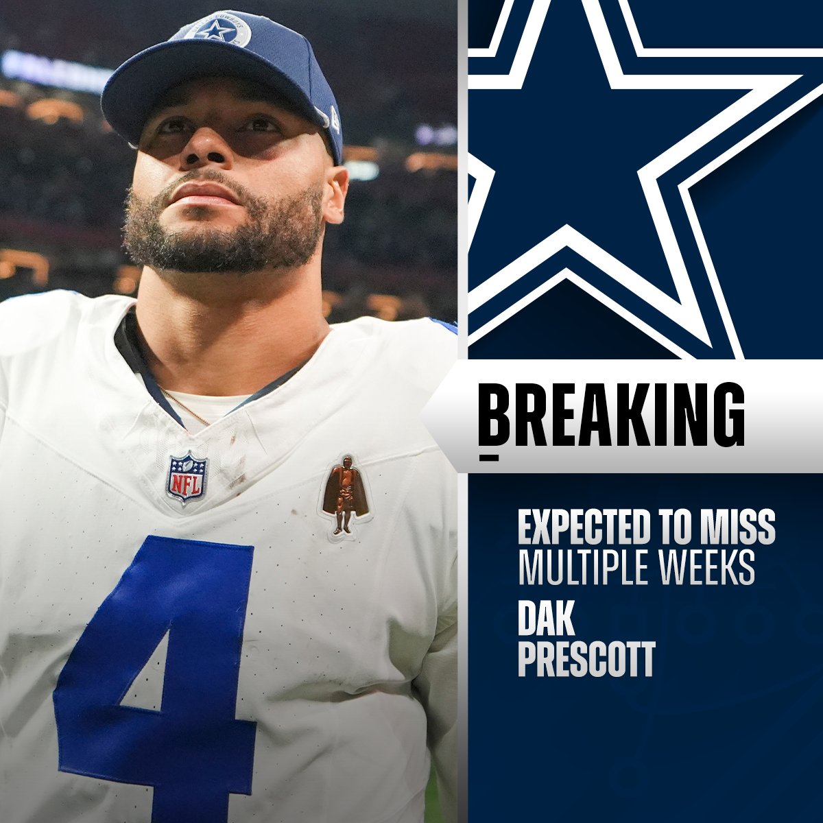 Dak Prescott queda fuera varias semanas por lesión.