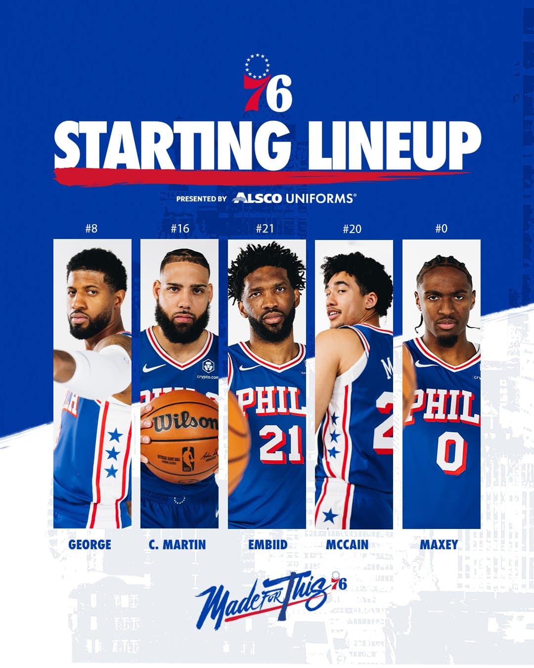 Quinteto titular de los 76ers de este viernes ante los Nets.