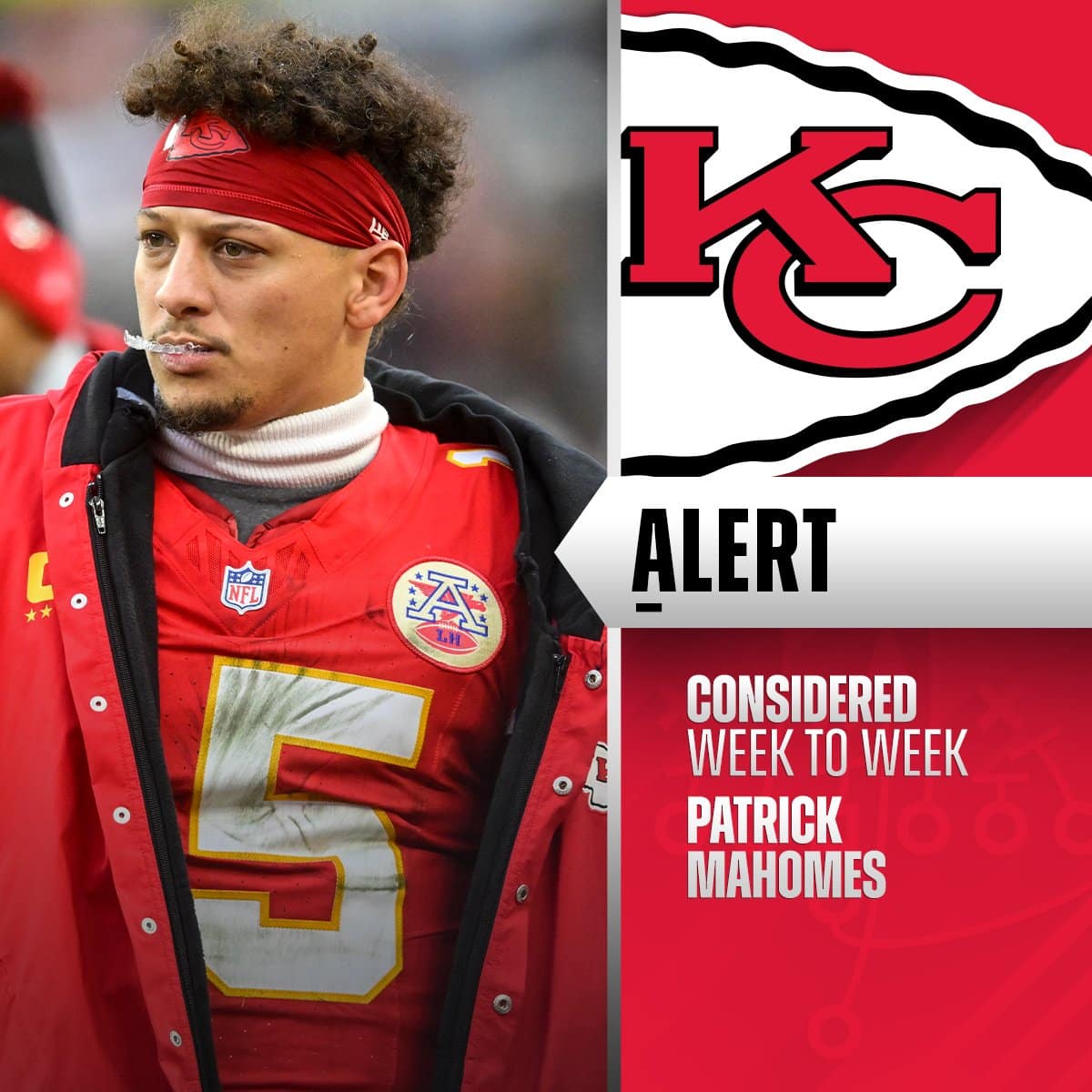 El mariscal de campo de los Chiefs, Patrick Mahomes, fue considerado semana a semana por una lesión en el tobillo derecho. 