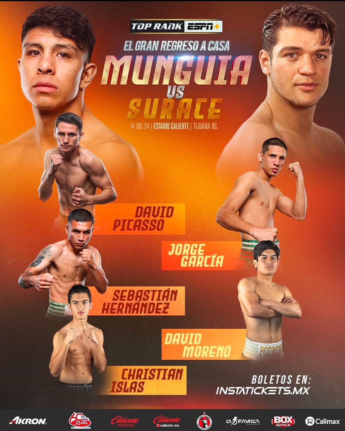 Cartelera completa de box sábado 14: Jaime Munguía vs Bruno Surace.