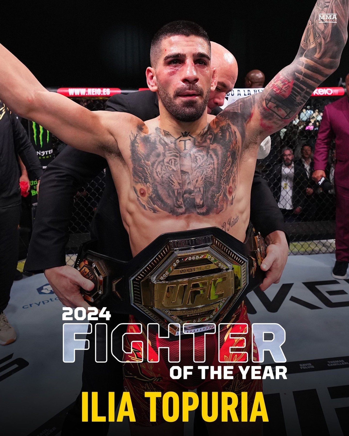 El campeón de peso pluma de UFC, Ilia Topuria, gana el premio al Peleador del Año 2024 de MMA Fighting.