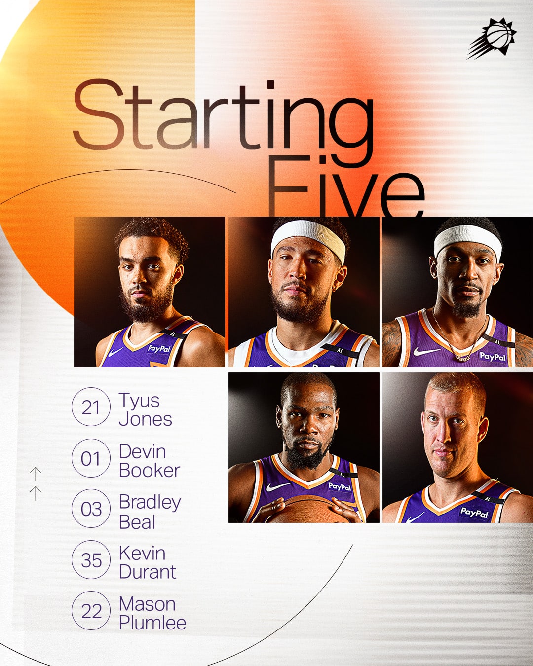 Quinteto titular de los Phoenix Suns para este sábado.