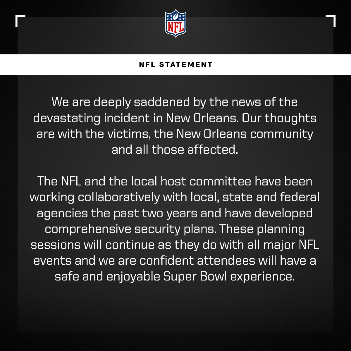 La NFL lanza un comunicado tras la masacre en Nueva Orleans y suspensión del Sugar Bowl.