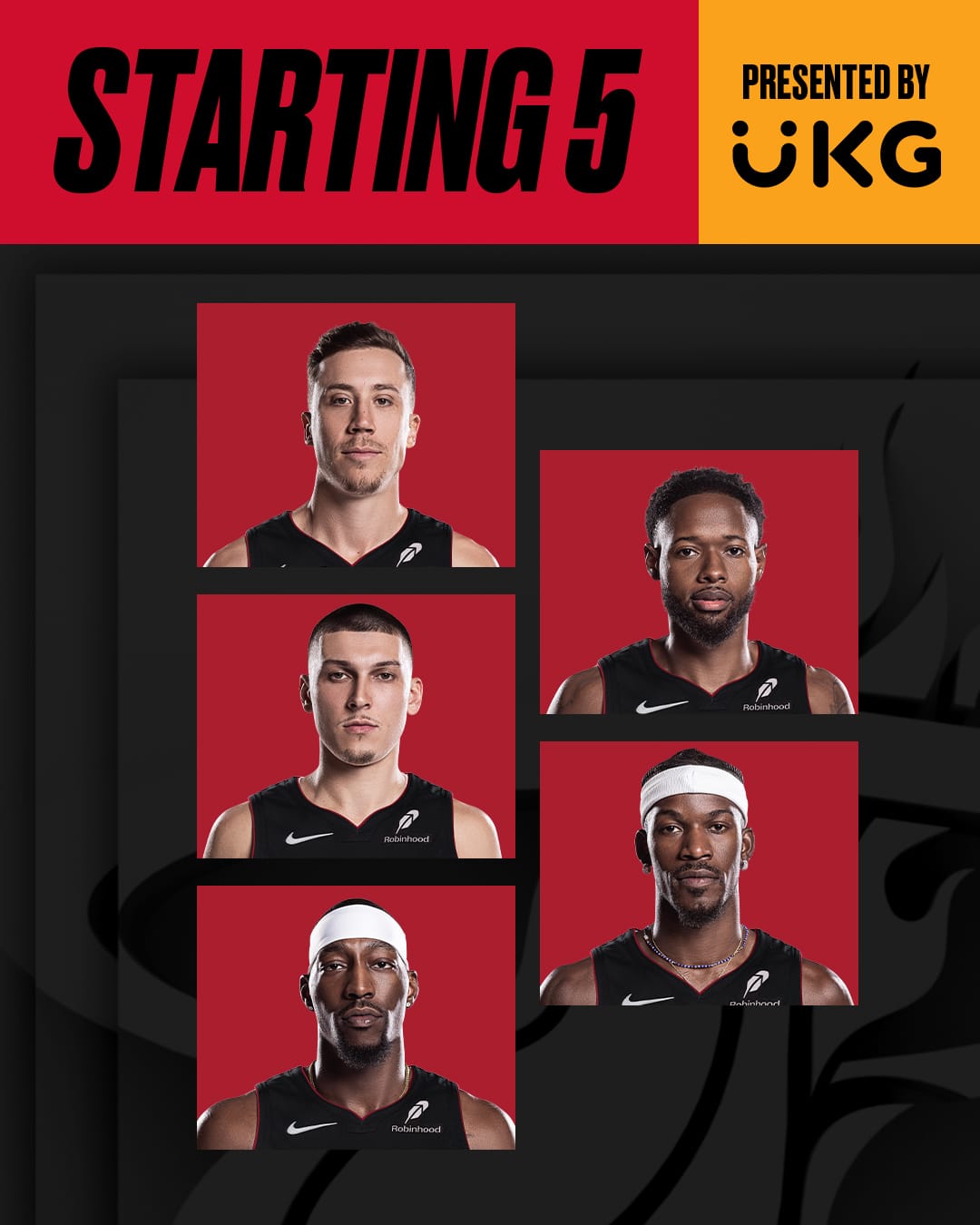 Quinteto titular del Miami Heat para este sábado.