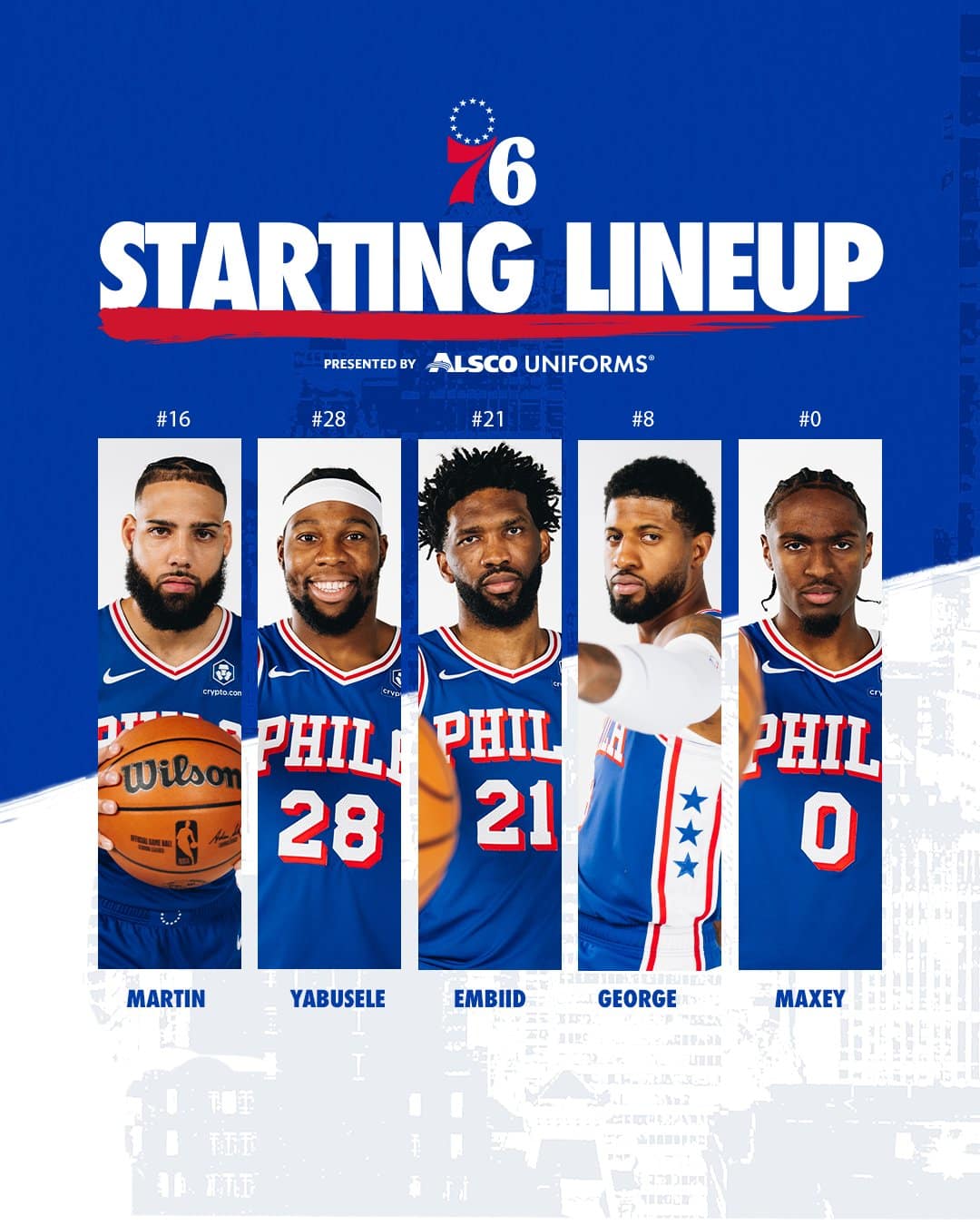 Quinteto titular de los 76ers para este juego de lunes.