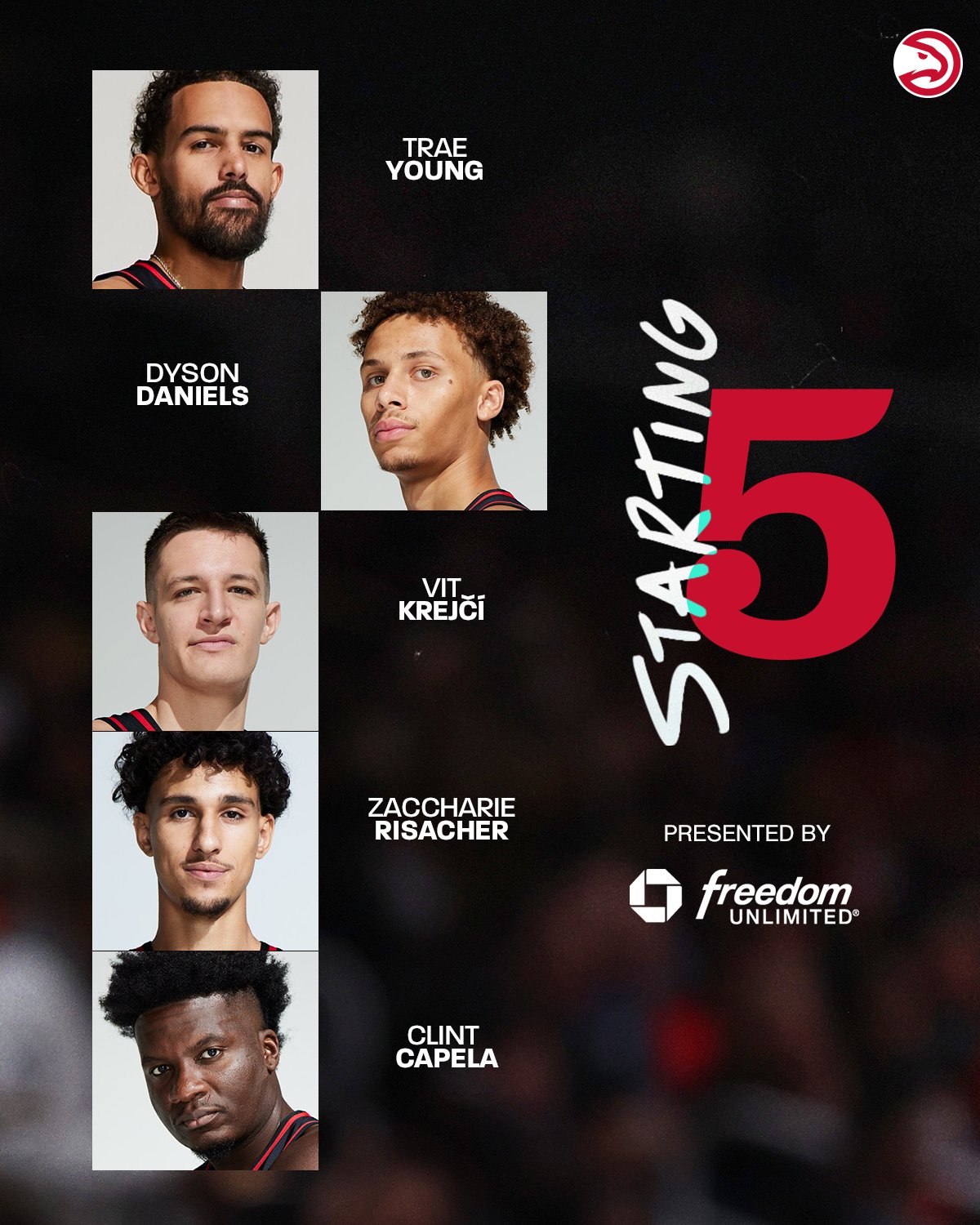 Quinteto titular de los Atlanta Hawks para este jueves.