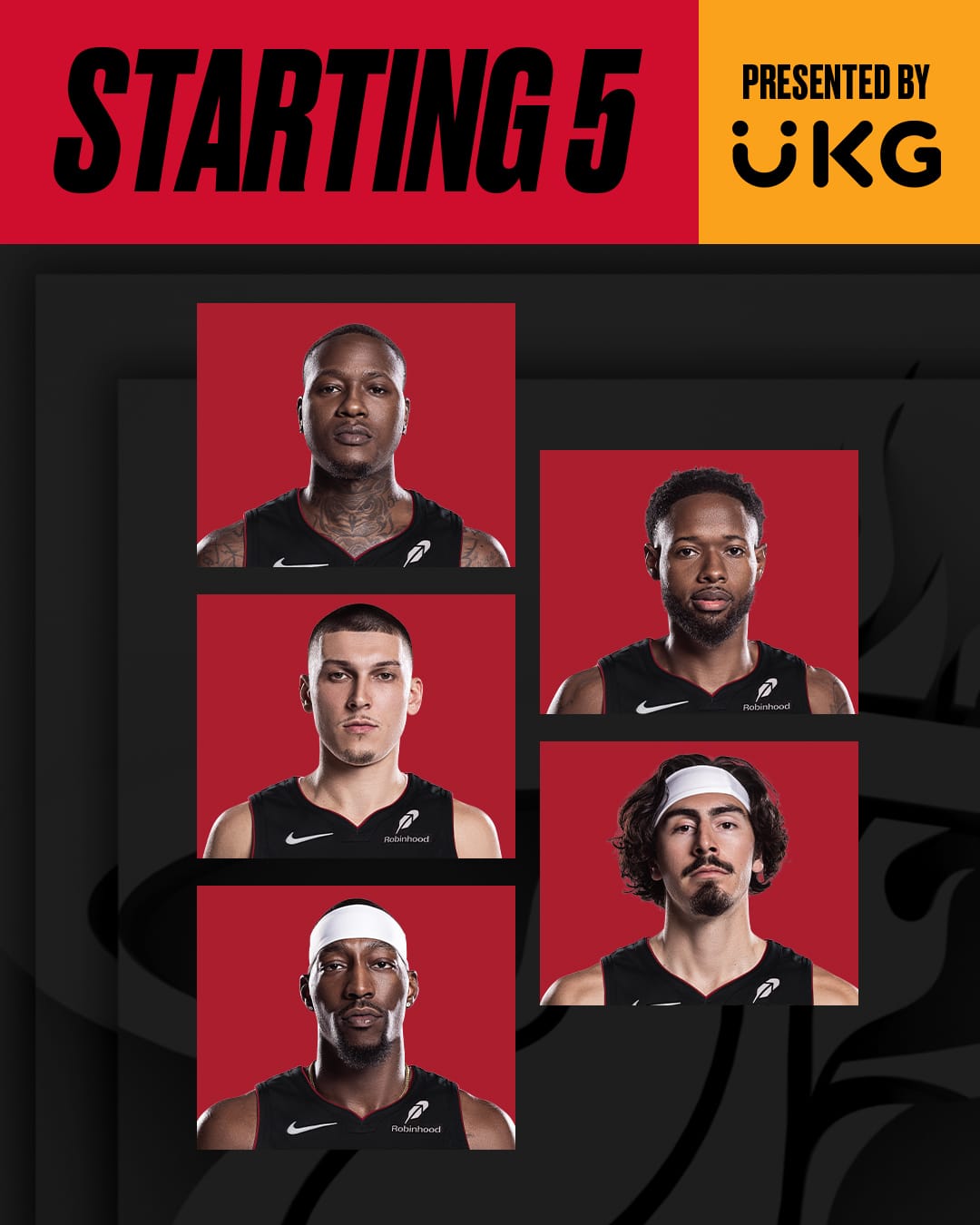 Quinteto titular del Miami Heat para este viernes.