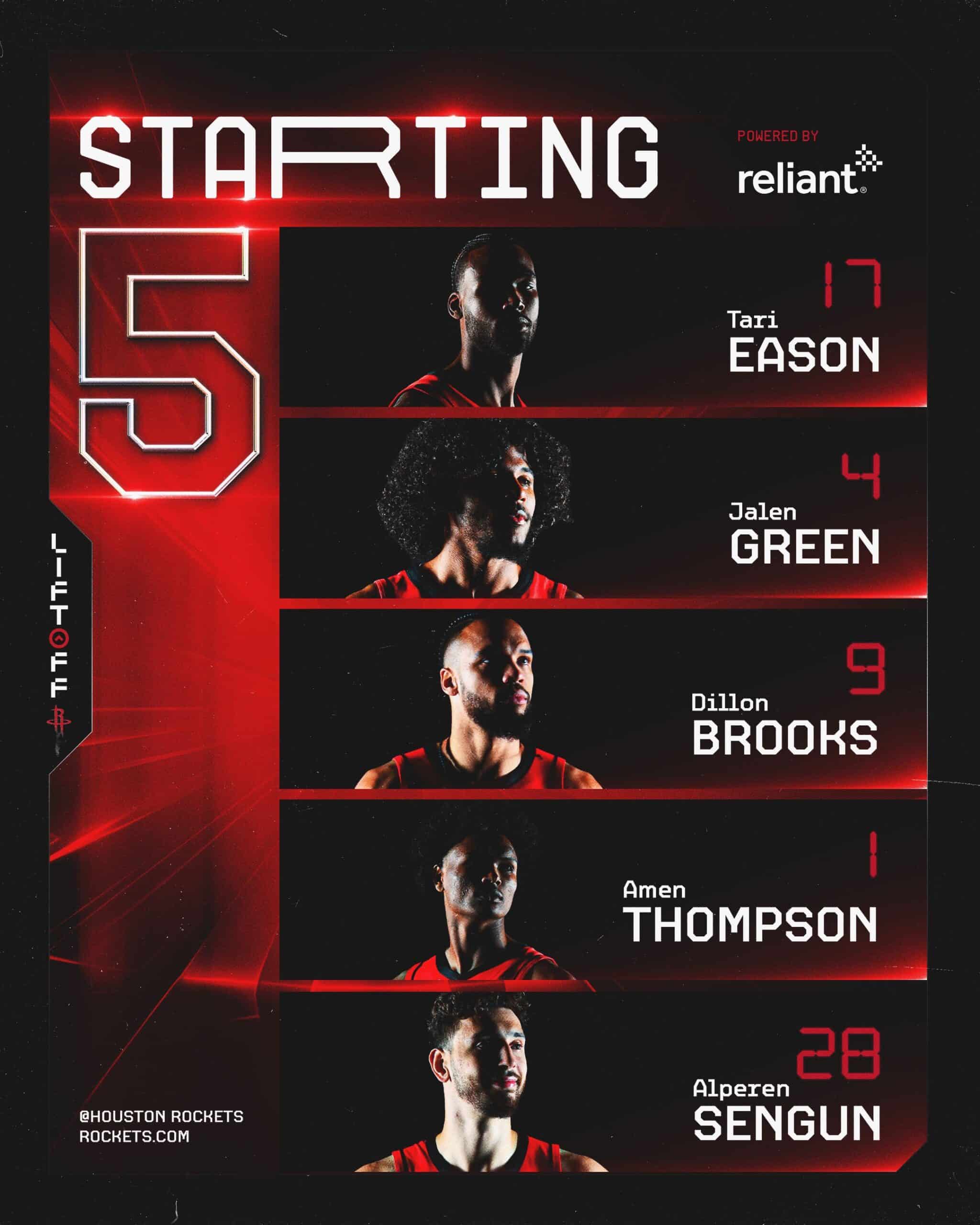 Quinteto titular de los Houston Rockets para el juego de hoy.