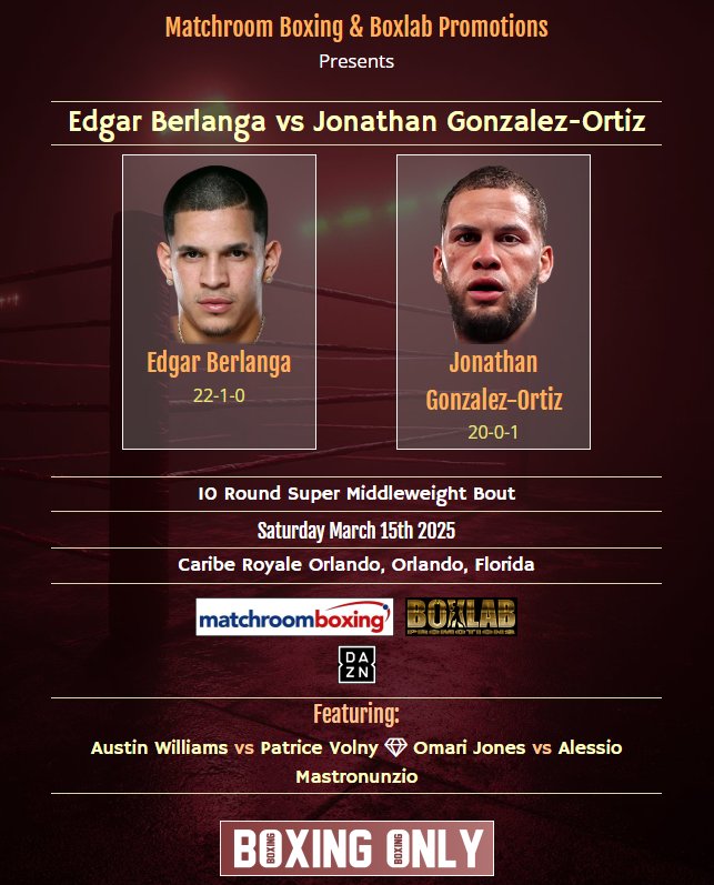 Edgar Berlanga vs Jonathan González-Ortiz pelea de 10 rounds en peso supermediano.