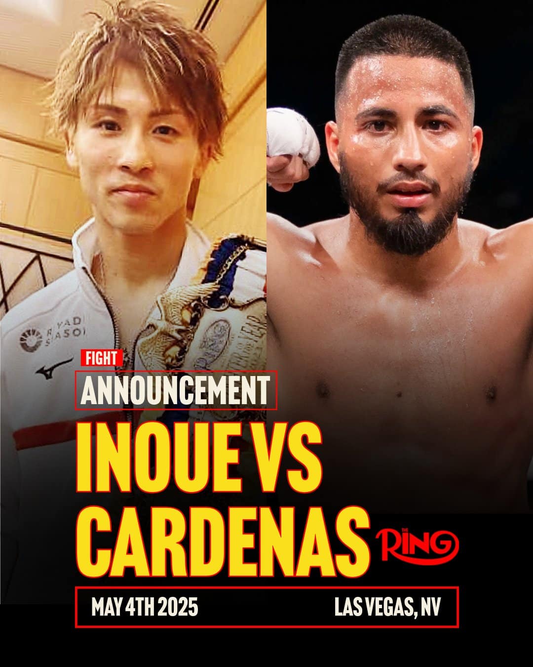 Naoya Inoue defenderá sus títulos mundiales supergallo indiscutibles de The Ring, WBA, WBO, WBC y IBF contra Ramón Cárdenas el 4 de mayo en Las Vegas.