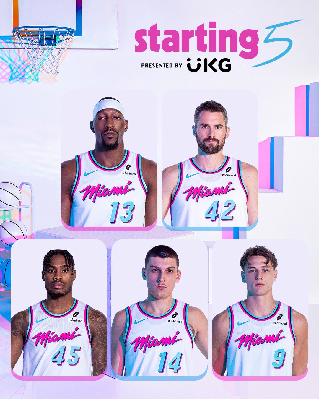 Quinteta titular de hoy del Miami Heat en casa.